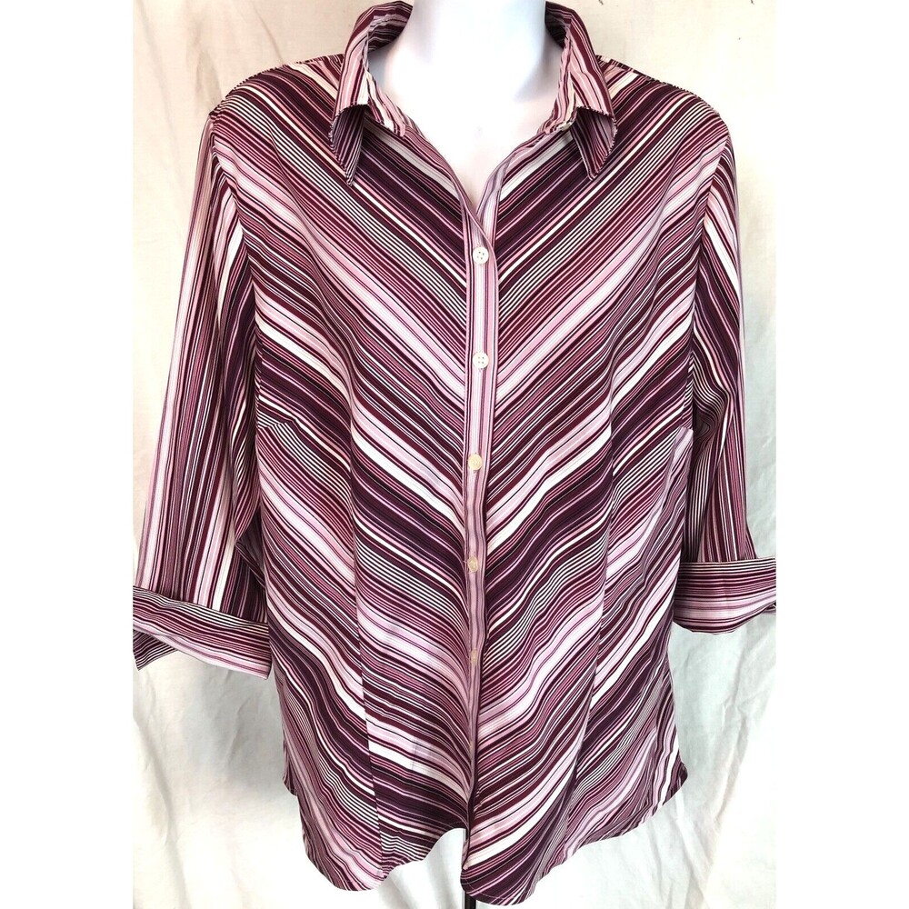 Vintage Top L Purple Stripe ButtonUp 3/4 Sleeve Collar Stretch Retro 70s Funky